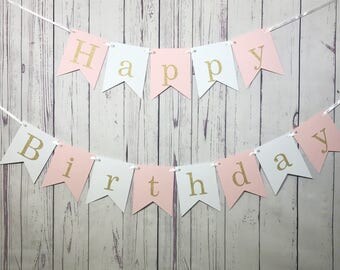 Happy Birthday Banner, First Birthday, 1st Birthday, Girl Birthday, Pink White Banner, Pink and Gold Glitter, I Am One, Personalized Name