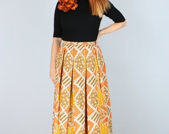 Vintage Boho 1970's Pleated Patterned Maxi Skirt Gold Orange Yellow Brown Size XS Small