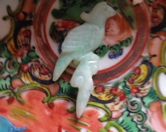 Qing (Ch'ing) Dynasty Chinese Antique Apple Green Jade Jadeite Figurative Court Robe Ornament Beautifully Hand-Carved in Shape of Parrot