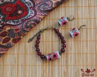 Poppy jewelry Bracelet earring set Flower jewelry for women ethnic jewelry embroidered jewelry Poppy earrings bracelet red jewelry for girl