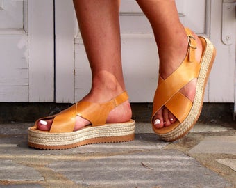 NEW ESPADRILLE platform slingbacks leather sandals in natural color leather