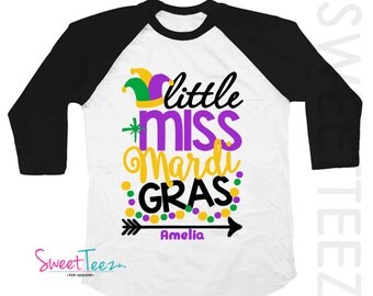 Mardi Gras Shirt Little Miss Mardi Gras Girl Shirt black Raglan 3/4th Sleeve Shirt Personalized shirt Baby Toddler Youth Shirt