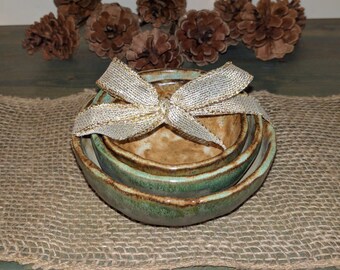 set of 3 rustic pinch bowls, green and white bowls, small bowls,