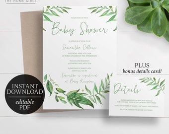 Printable Leafy Baby Shower Invitation | Editable Template | Greenery Wreath Baby Shower Invitation | Leaves | Watercolour | Bridal Shower