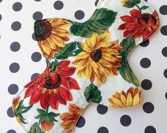 Different Sizes, Reusable Menstrual Pad, Sunflowers, Cotton Top Variety Core Fleece Backing, Light Moderate or Heavy Flow, Pantyliners