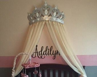 Bed Canopy Crown Wall Decor in Silver With White Sheer Panels and Choice of Rhinestone Accent Color