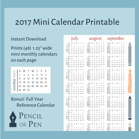 Sale 2017 Mini Monthly Calendars Printable Stickers For