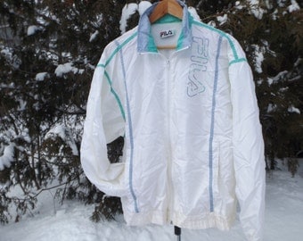 Rad 80s or 90s Fila Vintage Windbreaker Pastel Windbreaker White Teal Neon Zip Up 90s Windbreaker Oversized Jacket 90s Clothing Size Medium