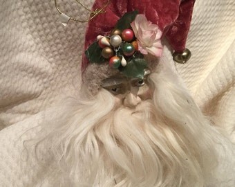 Santa head ornament, ceramic Santa head, vintage Christmas decorations, Victorian Santa decorations, bling Christmas