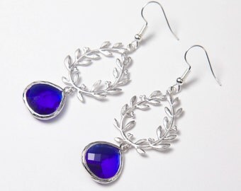 Blue and silver earrings. Silver Laurel Earrings. Blue bridesmaids earrings. Grecian earrings.