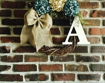 Summer Door Wreath-Monogrammed Wreath-Hydrangea Monogram Wreath-Wreath for Front Door-Mother's Day Gift-Housewarming Gift-Unique Wreath