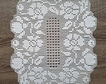 Oval white floral filet crochet doily, tablecloth