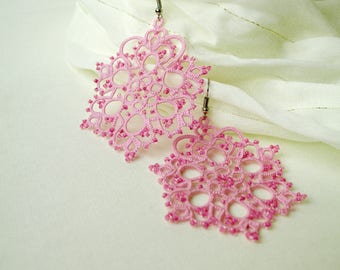 Valentine's perfect gift Pink earrings Lightweight earrings Big filigree earrings Boho chic Delicate bohemian earrings Tatted lace earrings