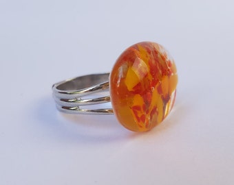 Fused Glass Ring in Orange and Red Glass by AMEArtistry2017. Adjustable Silver Plated Costum Ring. Statement Ring, Gift idea