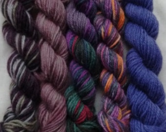 Set of 5x Random mini skeins, Purple mix, 4ply, approx 20-25yds/18-23m