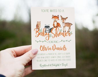 Woodland Baby Shower Invitation, woodland invite, Fox invitation Baby animals, gender neutral, Boy baby shower invitations, printed digital
