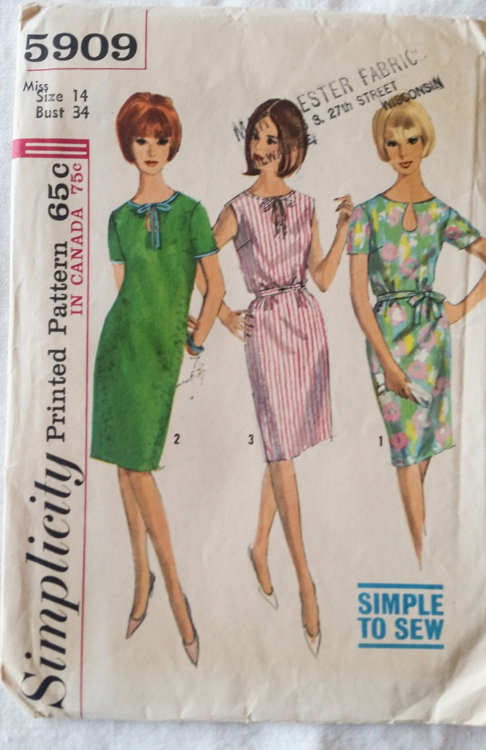 Vintage Simplicity Sewing Dress Pattern 1965 Size 14 Bust