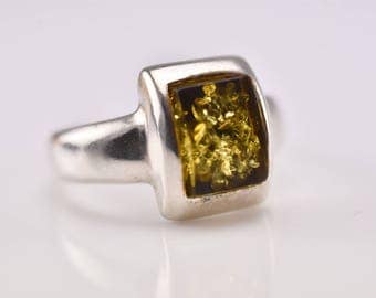 Green Amber Ring, Green Ring, Green Stone Ring, Amber Silver Ring, Unique Rings, Stone Ring, Classic Jewelry, Ring US Size- 6