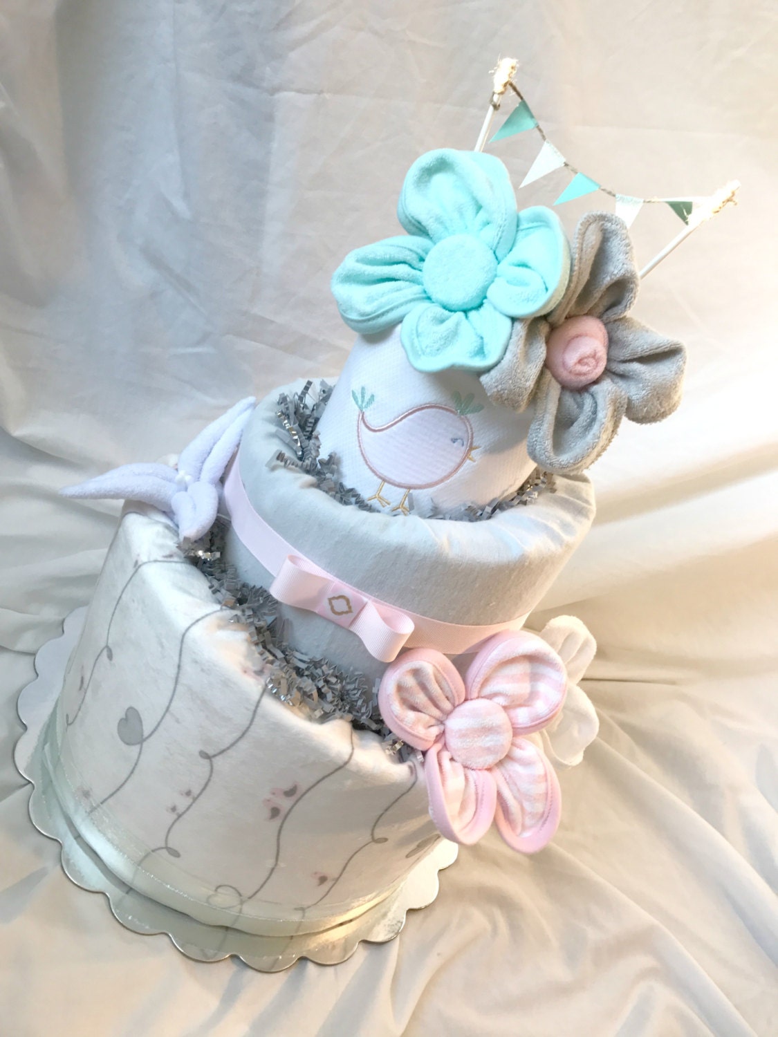 It's a girl, girl diaper cake, Pink and gray baby, Bird baby shower, Pink and Teal baby, Pink and Gold Baby Shower, Monogrammed baby gift