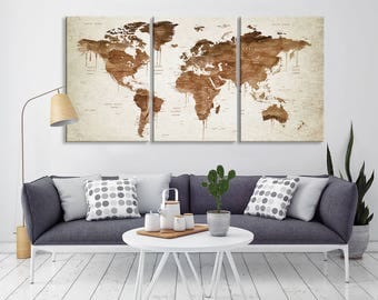 Sephia Push Pin World Map Wall Art, Large Canvas Map Print, Push Pin Stretched World Map Canvas Print, Push Pin Travel World Map Wall Art