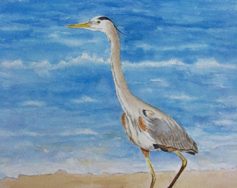 Blue Heron painting original watercolor bird painting 9x11