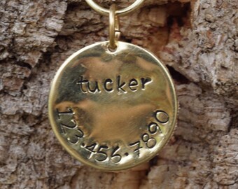 Hand stamped dog tag, 1 inch brass dog ID tag, polished dog ID tag, identification tag, cork dog tag, dog tag silencer, sustainable dog tag