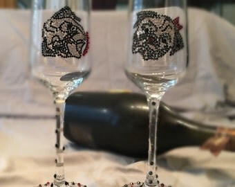 Pug Love Champagne Flutes Hand Placed Swarovski Crystals