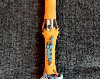 Tan Leather E-cig vape Holder with decorative turquoise accent, leather strap, beads and crystal bling