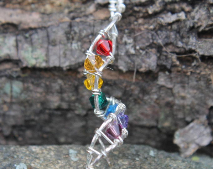 Silver Wire Wrapped Rainbow Chakra Swarovski Crystal Spiral Pendant; BoHo Hippie DNA Necklace, Wedding Gift, Bridesmaid Gift, Gift For Her