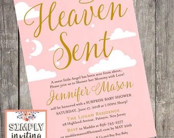 Heaven Sent Pink and Gold Baby Shower Invitation, Printed Cards, Halo, Clouds and Stars Invitation, Baby Girl Shower, Moon and Stars