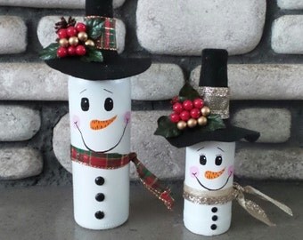 Snowman wine bottle family-Mantle snowmen-Christmas decor