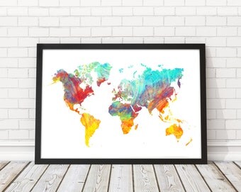 World Map watercolor, World map art, Map poster, Modern wall art, World map wall art, PRINTABLE art, Wall decor map, Travel map, Map Decor