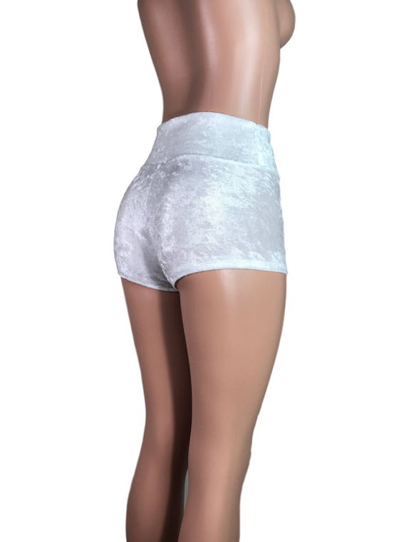 White Crushed Velvet High Waisted Booty Shorts club or rave