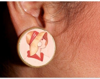 Vintage clip on earrings -Lady wearing a bonnet