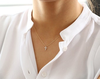 Tiny Diamond Cross Necklace/ 14k gold diamond cross necklace/ Diamond Cross Pendant/ Mini White Diamond Cross Necklace Prong Setting .15ctw