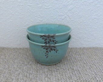 Bowls Set of 2 - Handmade Stoneware Pottery Ceramic - Blue Celadon - Floral - 1-3/4 cups