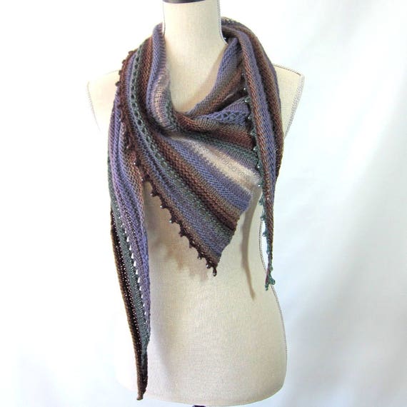 Merino Mohair Skinny Triangle Shawl Style Scarf Neckwrap with Beads  -  Periwinkle, Brown, Green and White Mochi