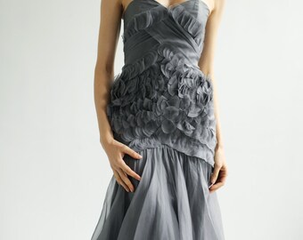 Sample SALE gray silk organza Gown with hand embellished couture detail