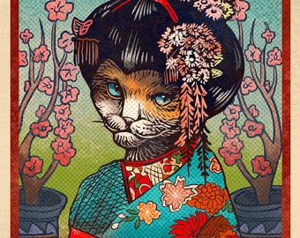Japanese Cat Matchbox Art- 5" x 7" matted signed print