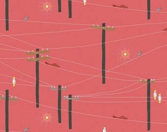 Sketchbook Red Telephone Wires Birds Andover Fabric 1 yard
