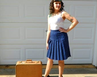 1990s Vintage Navy Pure Wool Pleated Skirt High Waist Pleated Skirt Navy Wool Uniform Skirt Schoolgirl Cosplay Size Small