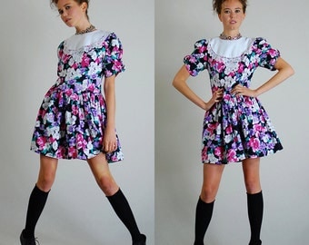 Floral Mini Dress Vintage 80s Black Floral Lace Drop Waist Boho Indie Mini Dress (s)