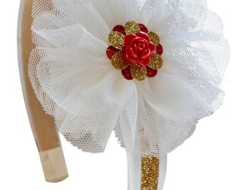 La bella y la bestia inspiran brillantes diadema de tul brillo con RED ROSE Center por diseños divertidos chica