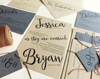 Blue Rustic Wedding Invitations, Kraft Paper with Brown Twine, Angled Script Modern Wedding Invitation Set, Light Blue, Hydrangea Periwinkle