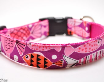 Fish Dog Collar / Fishtail in Raspberry / Martingale or Buckle / Beach Dog Collar