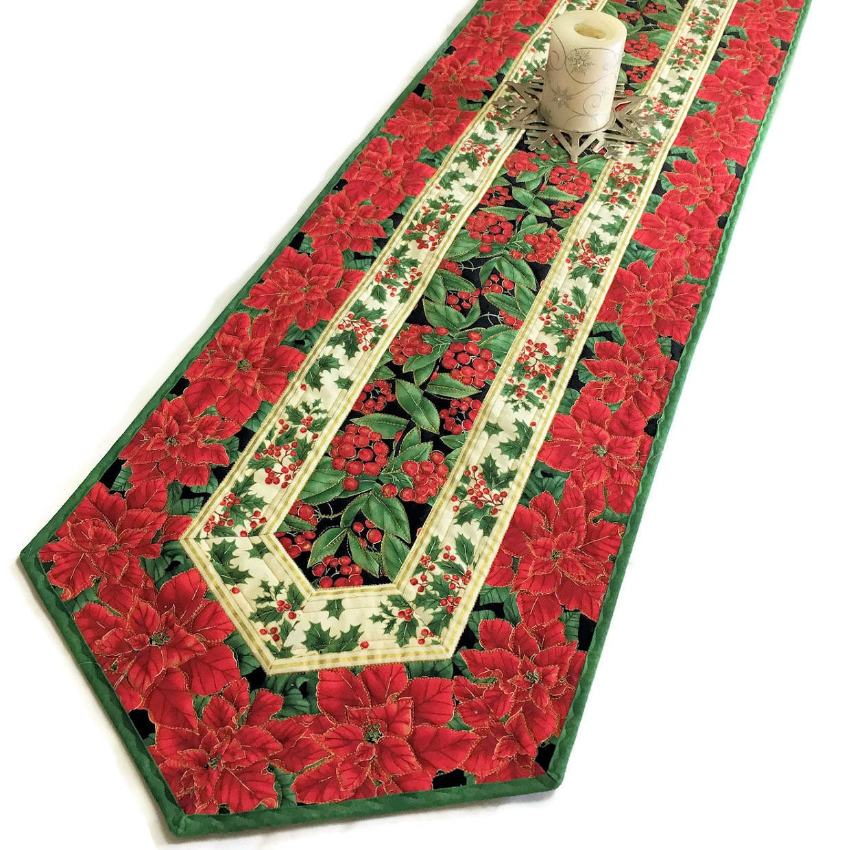Quilted Christmas Table Runner Modern Poinsettia Print Fabric 7CB