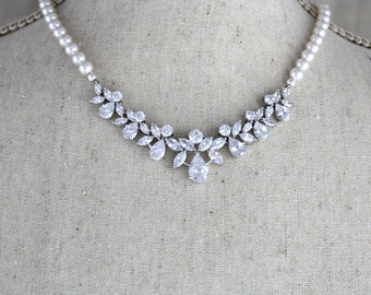 Pearl necklace, Bridal jewelry, Crystal Bridal necklace, Rose gold necklace, Wedding jewelry, Swarovski, Bridal earrings, Wedding earrings