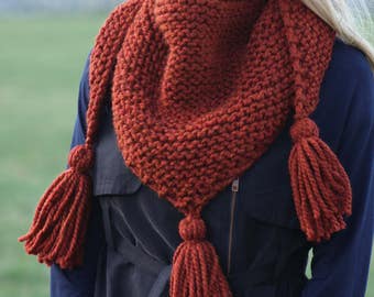 Knit Triangle Scarf- Chunky Knit Scarf- Tassel Scarf- Triangle Shawl- Tassel Wrap Scarf- Chunky Cowl- Hand Knit Scarves- Gift for Women