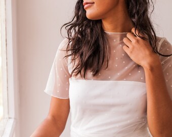 Short sleeve wedding top, wedding top, short sleeve wedding dress, white tulle wedding top, sheer wedding top, short sleeve wedding topper