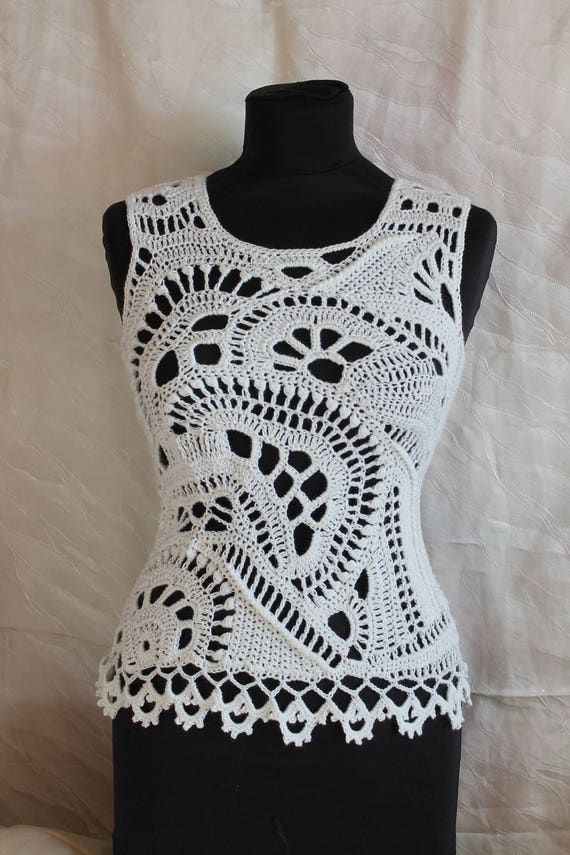 Crochet Tops Ivory Cotton Freeform Crochet Tank Summer